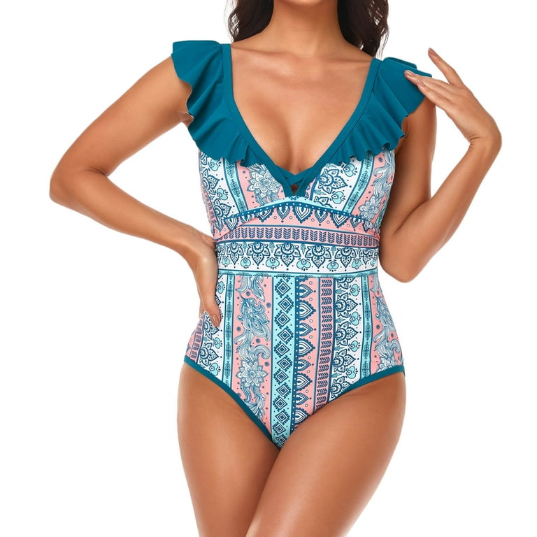 QLEICOM Womens Swimsuits Tummy Control Plus Size Swimsuit Coverup Sexy With  Chest Pad Without Underwire Print One-Piece Swimsuit Blue L 