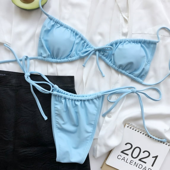 QLEICOM Womens Swimsuits Tummy Control Plus Size Swimsuit Coverup Solid Color Bikini Swimsuit Two Piece Filled Bra Swimwear Beachwear Blue L