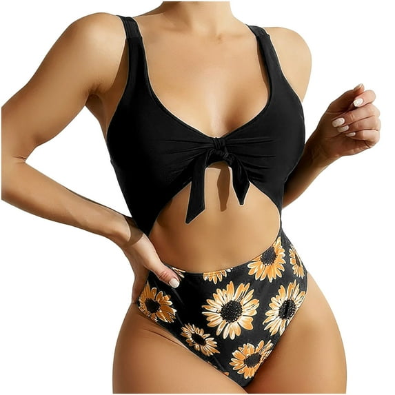 QLEICOM Womens Swimsuits Tummy Control Plus Size Swimsuit Coverup Swimsuit Sunflower Color-Blocking One-Piece Beach Bikini Swimsuit Black S