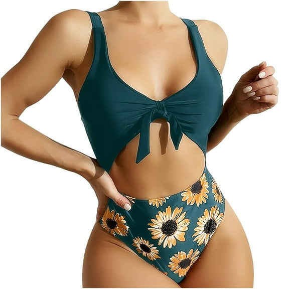 QLEICOM Womens Swimsuits Tummy Control Plus Size Swimsuit Coverup Swimsuit Sunflower Color-Blocking One-Piece Beach Bikini Swimsuit Green M