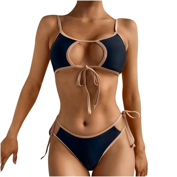 QLEICOM Womens Swimsuits Tummy Control Plus Size Swimsuit Coverup s Splicing Bandage Bikini Push-Up Pad Swimwear Swimsuit Beachwear Set Black S