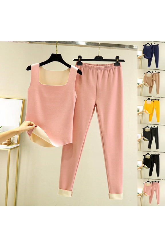 Womens Thermals Top and Bottom Set,Pajamas for Women Set,Women's Seamless Solid-Color Square Neck Tank Top Comfortablewear 2 Piece Crop Tank and Lounge Pants Loungewear Set