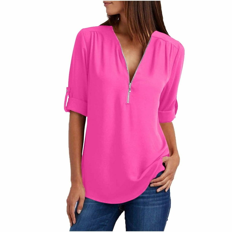 QLEICOM Womens V Neck Zip Cuffed Sleeve Flowy Business Casual Work Tunic  Tops Shirts Blouse Long Sleeve Rollable Shirts Hot Pink 3XL, US Size:14