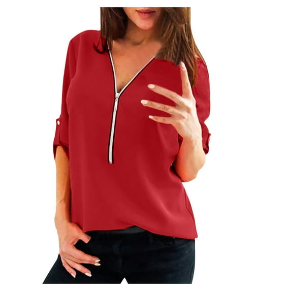 QLEICOM Womens V Neck Zip Front Long Sleeve Casual Topss Plus Size Flowy Business Work Tunic Tops Shirts Blouse Red 4XL, US Size:16