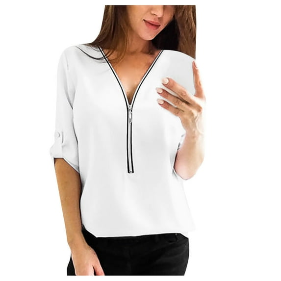 QLEICOM Womens V Neck Zip Front Long Sleeve Casual Topss Plus Size Flowy Business Work Tunic Tops Shirts Blouse White 3XL, US Size:14
