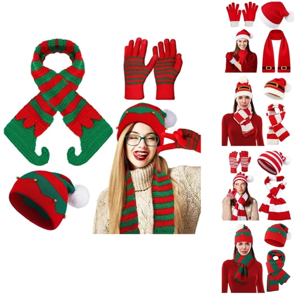 QLEICOM Womens Winter Hat,Christmas Knit Set with Bell Decorated Beanie Scarf and Gloves 3-Piece Red Holiday Accessories for Festive Winter Wear Green