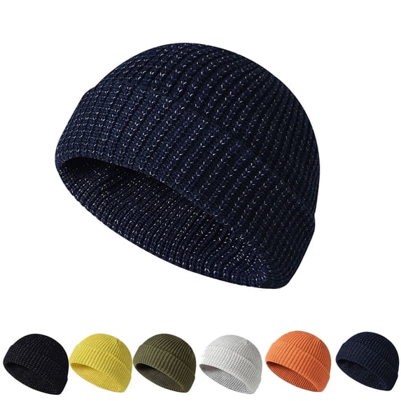 QLEICOM Womens Winter Hat, Reflective Yarn Skull Cap with Fleece Lining and Ear Warming Solid Color Winter Beanie for Night Safety and Warmth Navy