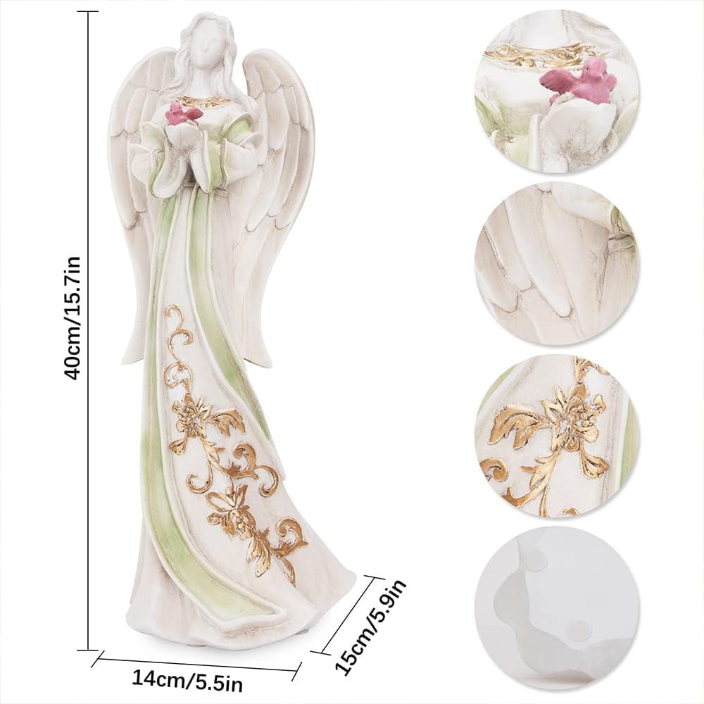 QLFJ-FurDec Outdoor Garden Angel Statue Sculpture, Angel Figurine Holding Bird, Resin Angel Ornament Decor for Home, Patio, Lawn, Porch, Yard, Cemetery Grave, Housewarming