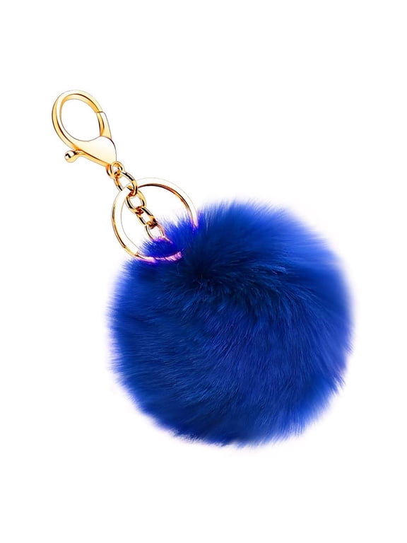 Big Promotion Artificial Faux Rabbit Fur Keychain Fluffy Plush Ball Pom Charm Key Chain Cute Car Key Decor Purse Handbag for Women Navy Blue