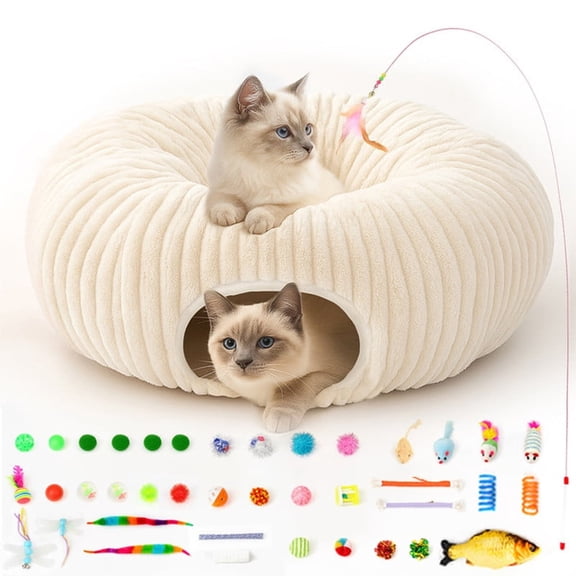 QLFYUU Cat Tunnel Bed with 40 Cat Toys Collapsible Play Tunnel Tube for Indoor Cats Beige Color