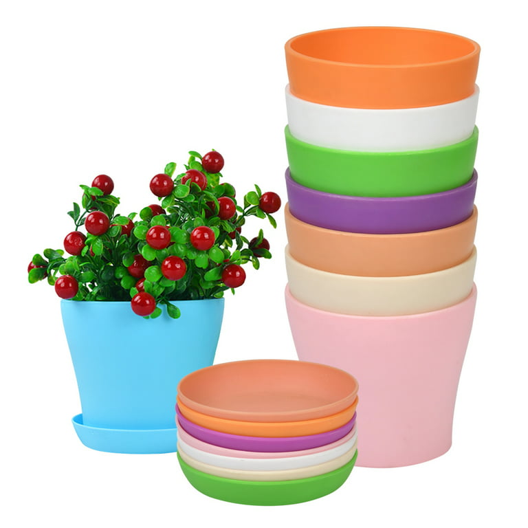 QLOUNI 14cm Plastic Plant Pots and Saucers Indoor Colourful Flower