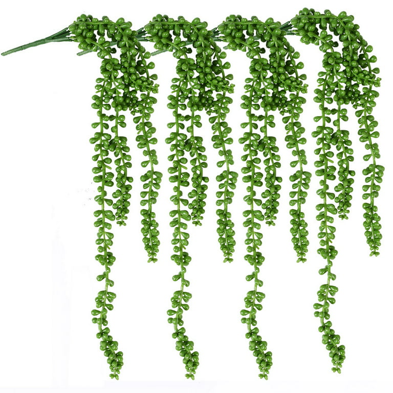 QLOUNI 4pcs Artificial Plant Succulent fake Hanging plants Large Fake  String of Pearls Faux Plant for Wall Home Garden Decor