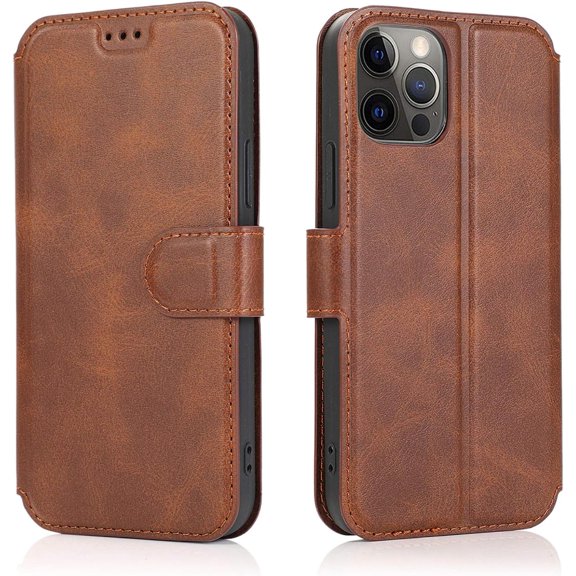 QLTYPRI Case for iPhone 12 iPhone 12 Pro Premium PU Leather Simple Wallet Case [Card Slots] [Kickstand] [Magnetic Closure] Shockproof Flip Cover for iPhone 12/12 Pro (6.1 inch) - Brown