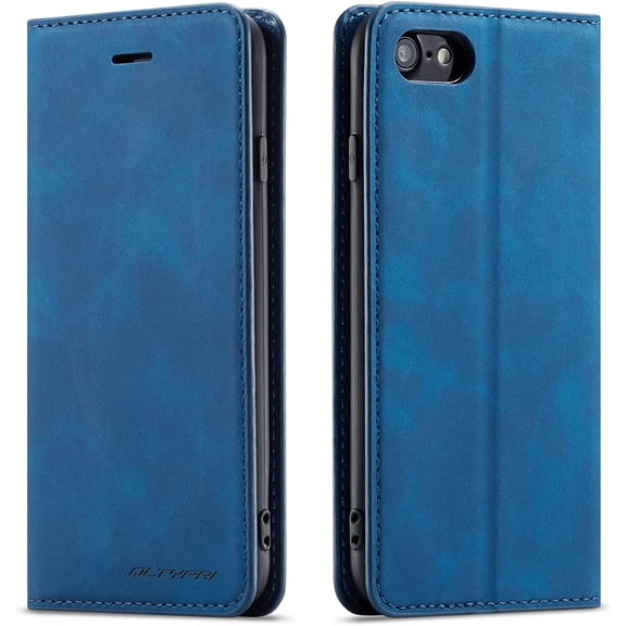 QLTYPRI Case for iPhone SE 2022 5G/SE 2020/8/7, Premium PU Leather Cover TPU Bumper with Card Holder Kickstand Magnetic Adsorption Flip Wallet Case - Blue
