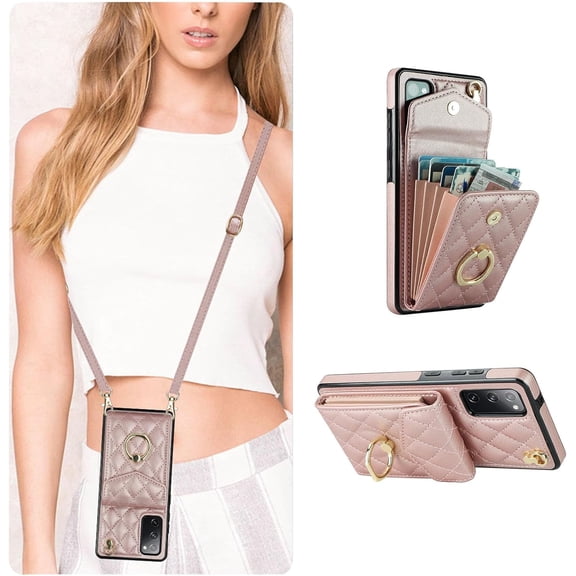 QLTYPRI Crossbody Wallet Case for Samsung Galaxy S20 FE, PU Leather Phone Case with RFID Blocking Card Slots Holder – Rose Gold