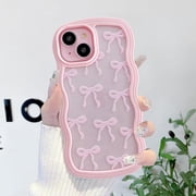 QLTYPRI Cute Bow Case for iPhone 11 Curly Wave Edge, Pink | Clear Ribbon Bow Pattern, Wavy Frame Aesthetic Transparent Phone Case, Slim Shockproof Protective Phone Cover for Women Girls