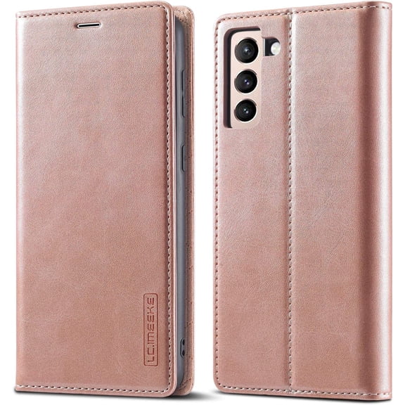 QLTYPRI Folio Wallet Case with Card Slot for Samsung Galaxy S22 Plus, Classic Matte Vintage PU Leather Kickstand Magnetic Closure Shockproof Anti-Impact Flip Cover for Samsung S22 Plus - Rose Gold