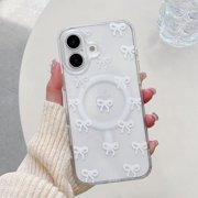 QLTYPRI Magnetic for iPhone 16 Case Cute Bow Phone Case Compatible with MagSafe for Women Girls, Clear Aesthetic Ribbon Bows Shockproof Slim TPU and Hard PC Protective Phone Cover - White