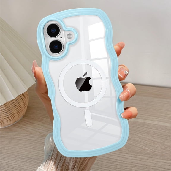 QLTYPRI Magnetic for iPhone 16 Plus Case Compatible with Magsafe, Cute Curly Wave Frame Clear Case for Girls Women, Transparent TPU Bumper Shockproof Protective Phone Cover - Blue
