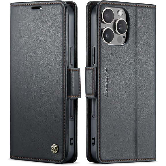 QLTYPRI Wallet Case for iPhone 16 Pro, Premium PU Leather Magnetic Flip Folio Case with RFID Blocking Credit Card Slots Kickstand Shockproof Protective Phone Case Cover for iPhone 16 Pro - Black