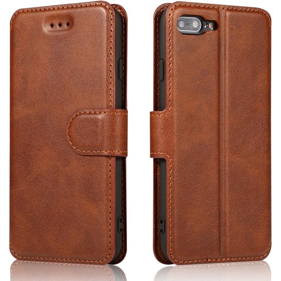 QLTYPRI for iPhone 7 Plus iPhone 8 Plus(5.5 inches) Case Premium PU Leather Simple Wallet Case TPU Bumper Card Slots Kickstand Magnetic Closure Shockproof Flip Cover - Brown