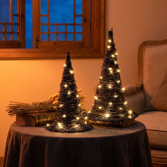 QLUEWX 2-Pack Halloween Glowing Handwoven Witch Hats, 11.8" Rattan Woven Wizard Hat with Fairy Lights & Remote Control, Boho Rustic Halloween Decor for Home Indoor Outdoor Tabletop Mantle Party