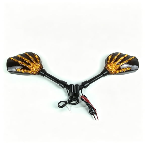QLUEWX 2 Pack Halloween LED Skeleton Hand Motorcycle Rearview Mirrors, Amber Turn Signal Side Mirrors, Universal Adjustable Custom Rear View Mirror for Harley Cruiser Chopper Cafe Racer Motorbike