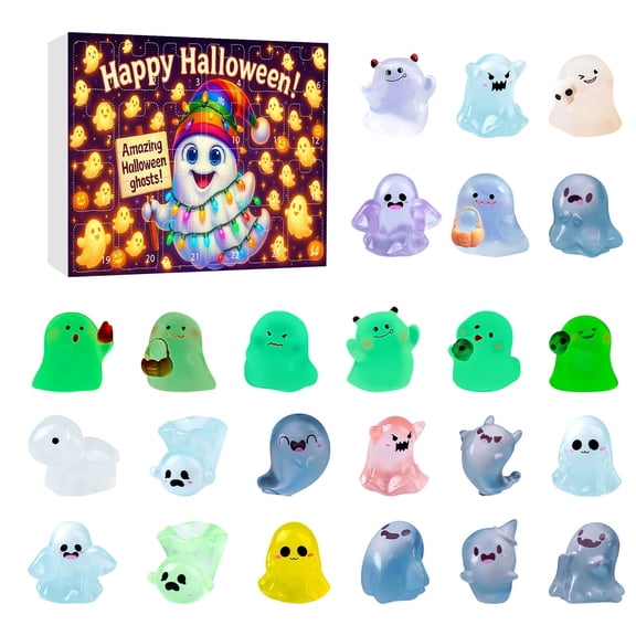 QLUEWX 2026 Halloween Advent Calendar Blind Box, 24Pcs 3D Resin Ghost Mini Figurine Countdown Gift Box, Cute Glow In Dark Spooky Ornament Set, Kids Surprise Toy for Party Desktop Holiday Home Decor