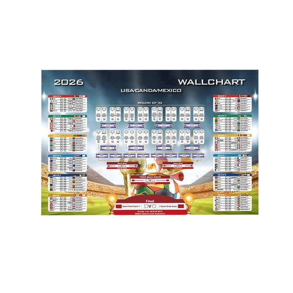 QLUEWX 2026 Soccer Cup Wall Chart, 60" x 40" Soccer Tournament Bracket Poster, Complete Game Schedule Score Tracker Wallchart for Football Fans Home Bar Viewing Party Decor