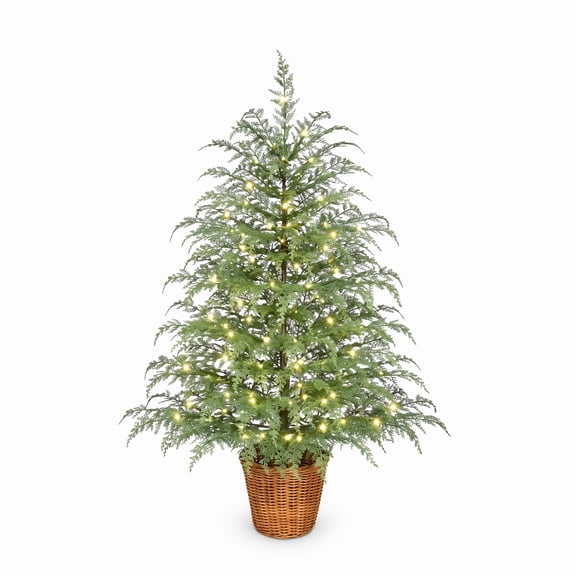 QLUEWX 2FT Pre-Lit Artificial Christmas Tree with Woven Basket Base, Lifelike Cypress Potted Xmas Tree with 100 Warm White LED Lights for Family Fun Indoor Holiday Decor, Perfect Home Decoration