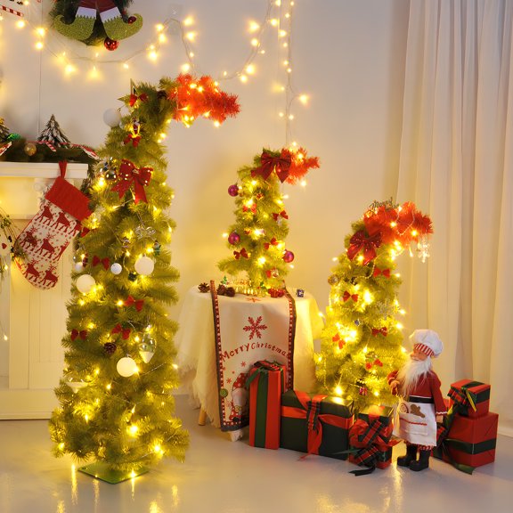 QLUEWX 2FT Whimsical Bent Top Small Christmas Tree with LED Lights, Tabletop Artificial Xmas Tree with 8 Lighting Modes, Battery Operated Mini Christmas Decor Tree for Home Fireplace Party
