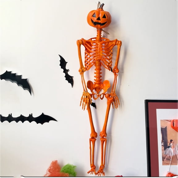 QLUEWX 35.4In Posable Jack-O-Lantern Head Skeleton, Full Body Orange Pumpkin Skull Hanging Prop, Indoor Outdoor Front Door Tree Porch Halloween Yard Decor