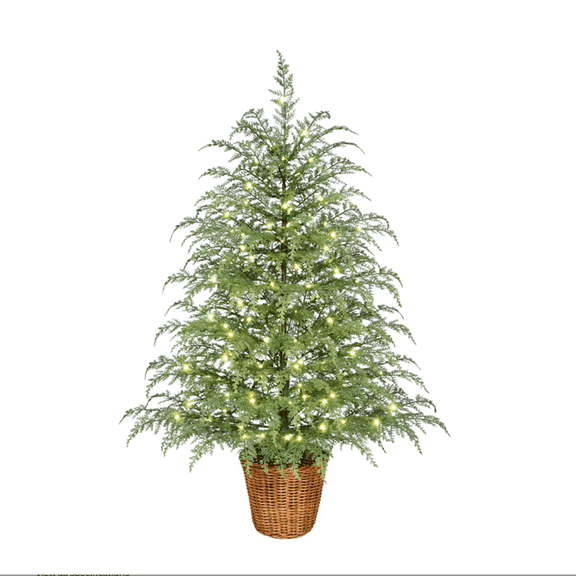 QLUEWX 3FT Pre-Lit Artificial Christmas Tree with Woven Basket Base, Lifelike Cypress Potted Xmas Tree with 100 Warm White LED Lights for Family Fun Indoor Holiday Decor, Perfect Home Decoration