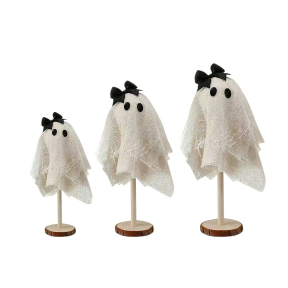QLUEWX 3PCS Halloween Ghost Table Decorations, Wooden Ghosts Table Decor with Bows, Rustic Base Halloween Table Centerpieces Home Decor, Halloween Decorations Indoor for Home Office Table Party