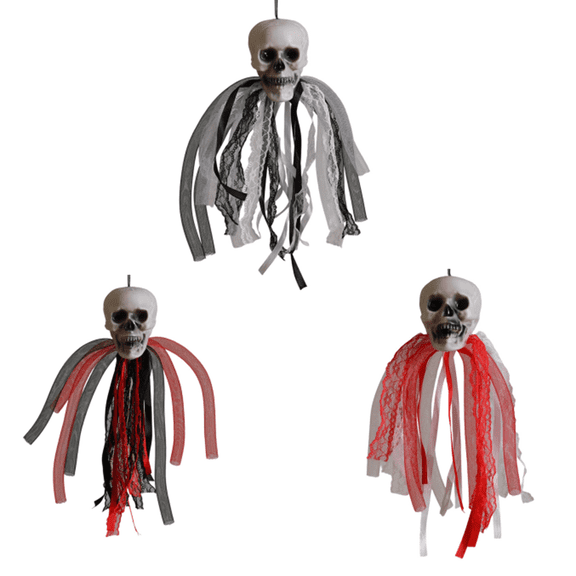 QLUEWX 3PCS Halloween Skull Pendant Hanging Decorations, 13.8" Spooky Gauze Skull Pendant Halloween Party Decorations, Scenes Props Party Supplies, Halloween Decor for Home Outdoor Haunted House