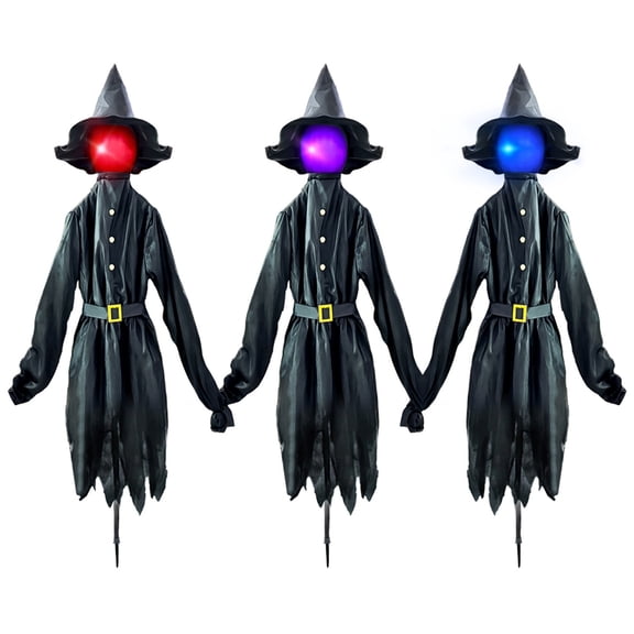 QLUEWX 3PCS LED Halloween Witch Yard Stakes, 59" Glowing LED Lighted Holding Hands Witch with Hat & Button Belt, Party Scene Prop Halloween Party Decorations, Halloween Decor for Outdoor Garden