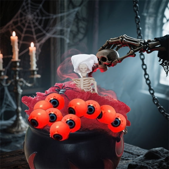 QLUEWX 4PCS Halloween Decorations, Lighted Witch Cauldron with Skeleton Spider Web Eyeball String Lights, Hanging Black Witch Pot for Table Tiered Tray Mantel Indoor Outdoor Halloween Party Decor