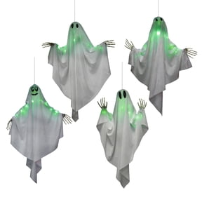 QLUEWX 4PCS Halloween Glowing Hanging Ghost Decorations, 27.6" Spooky Ghost Face Hanging Decor with Green LED Lights, Multi-Expression Ghost with Moving Arms for Outdoor Yard Halloween Decor