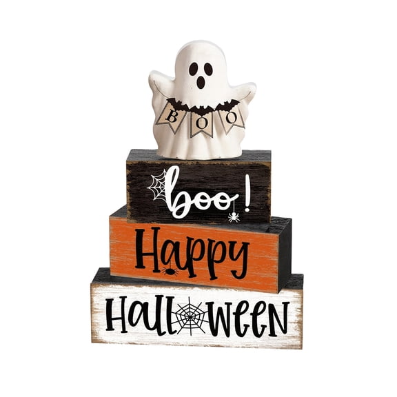 QLUEWX 4PCS Halloween Table Decorations, Wooden Rustic Signs Ghost Tiered Tray Table Decor, Boo! Happy Halloween Table Centerpieces Home Decor, Halloween Decorations Indoor for Home Office Table