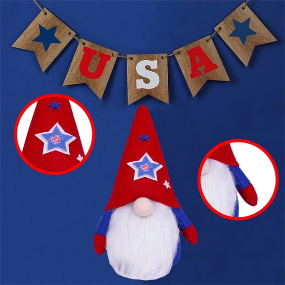 QLUEWX 4th of July Patriotic Gnomes Plush, 7.48in Red White Blue Star Peace Sign Gnome Figurines for Independence Day Home Tiered Tray Decor (Red)