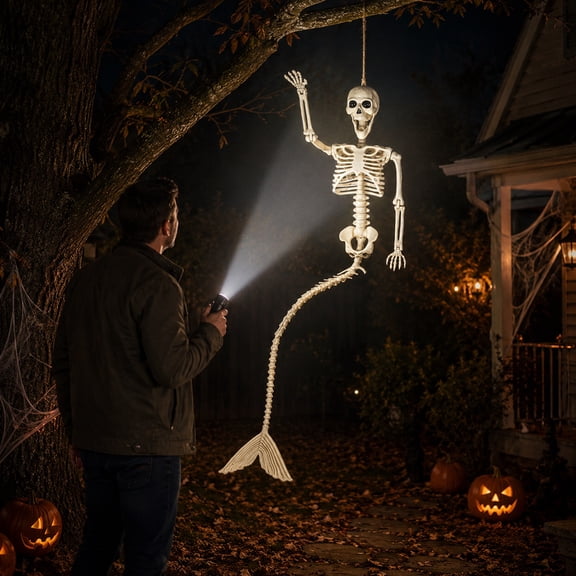 QLUEWX 72.83 Inch Life Size Mermaid Skeleton, Posable Joints Hanging Skeleton with Fish Tail, Weather Resistant Plastic Halloween Prop for Haunted House Graveyard Indoor Outdoor Party Decor