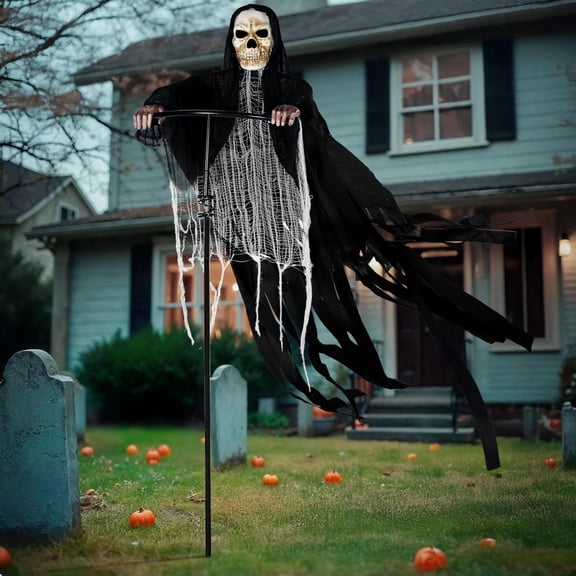 QLUEWX 7Ft Halloween Floating Skeleton Ghost Yard Stake Decor, Wind Sway Skeletal Ghost Insert with Spring, Life Size Scary Hanging Ghost for Lawn Graveyard Haunted House Outdoor Halloween Decor