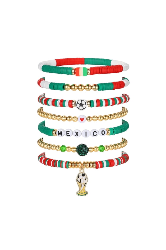 7PCS Soccer Team Bracelet Set, Mexico National Flag Color Stackable Heishi Bead Bracelets with Soccer Charms, Soccer Cup Football Fan Jewelry for Women Teens Game Day