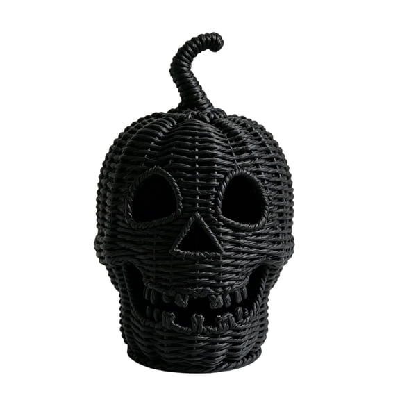 QLUEWX Black Hand Wicker Woven Skull Pumpkin Ornament, Hollow Jack O' Lantern Style Wicker Decor, Halloween Gothic Farmhouse Tabletop Mantel Display Decoration