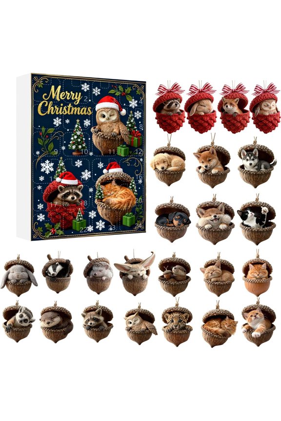Christmas Advent Calendar Blind Box, 24Pcs 2D Acorn Animal Acrylic Hanging Ornament Countdown Gift Box, Cute Cat Dog Raccoon Forest Creature Pendant Set, Xmas Tree Decor Surprise Holiday Gift