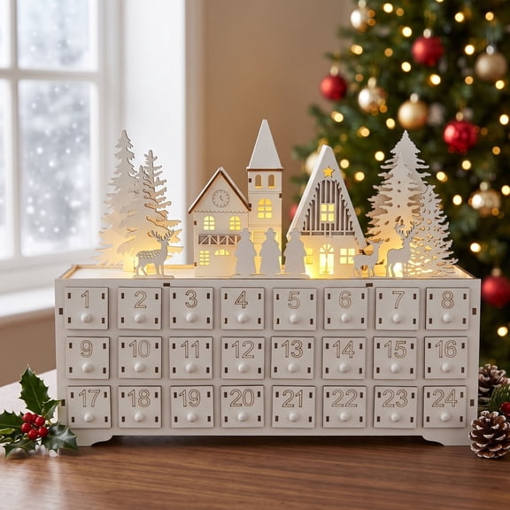 QLUEWX Christmas Advent Calendar, Lighted Wood-Effect White Village Scene Christmas Calendar, 24 Drawer Winter Countdown Tabletop Decor Gift for family fun