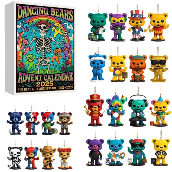 QLUEWX Dancing Bears Advent Calendar, Halloween Blind Box 24Pcs Acrylic Bear Hanging Ornament Countdown Gift Box, Mini Cartoon Bear Pendant Figurine Set, Christmas Tree Decor Surprise Holiday Gift