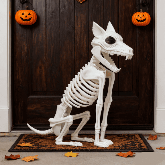QLUEWX Dog Halloween Skeleton Decorations, Posable Realistic Skeleton Prop, Spooky Hanging Tabletop Skeleton for Haunted House Yard Porch Tiered Tray Indoor Outdoor Halloween Party Decor Gifts