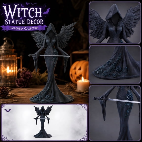 QLUEWX Faceless Winged Witch Statue with Sword, Resin Dark Angel Rose Embossed Figurine, Gothic Hooded Witch Sculpture, Spooky Halloween Tabletop Mantel Decor Ornament for Home Party Holiday Gift