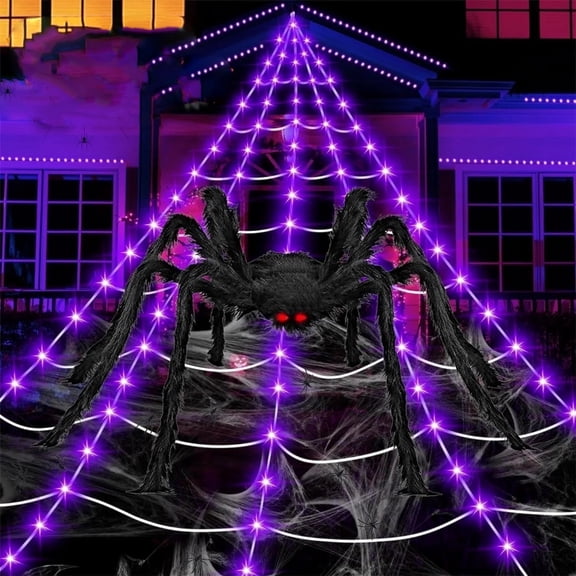 QLUEWX Giant Light Up Triangle Spider Web Decor Kit, 16.4ft Large White Cobweb with 6.6ft Light Up Furry Spider, Stretch Web Cotton, 20 Small Spiders, Hook & Stakes for Outdoor Halloween Decor